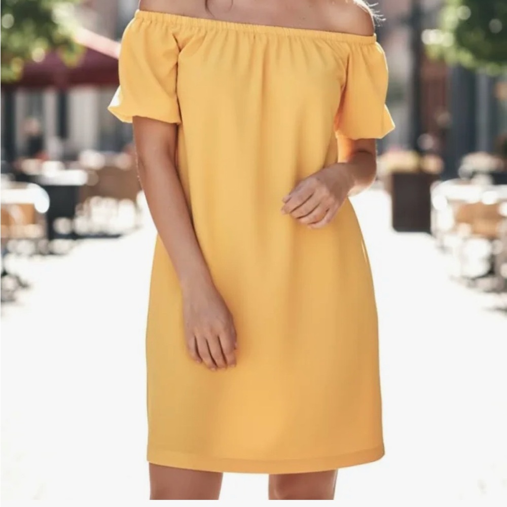 White House Black Market Off-Shoulder Yellow Mini Dress sz 6 shift pullover